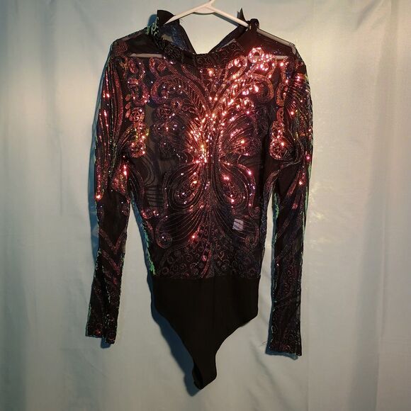 Black Sheer Sequin Bodysuit Women’s Long Sleeve Sparkly Mesh Party Club wear. - Picture 1 of 5